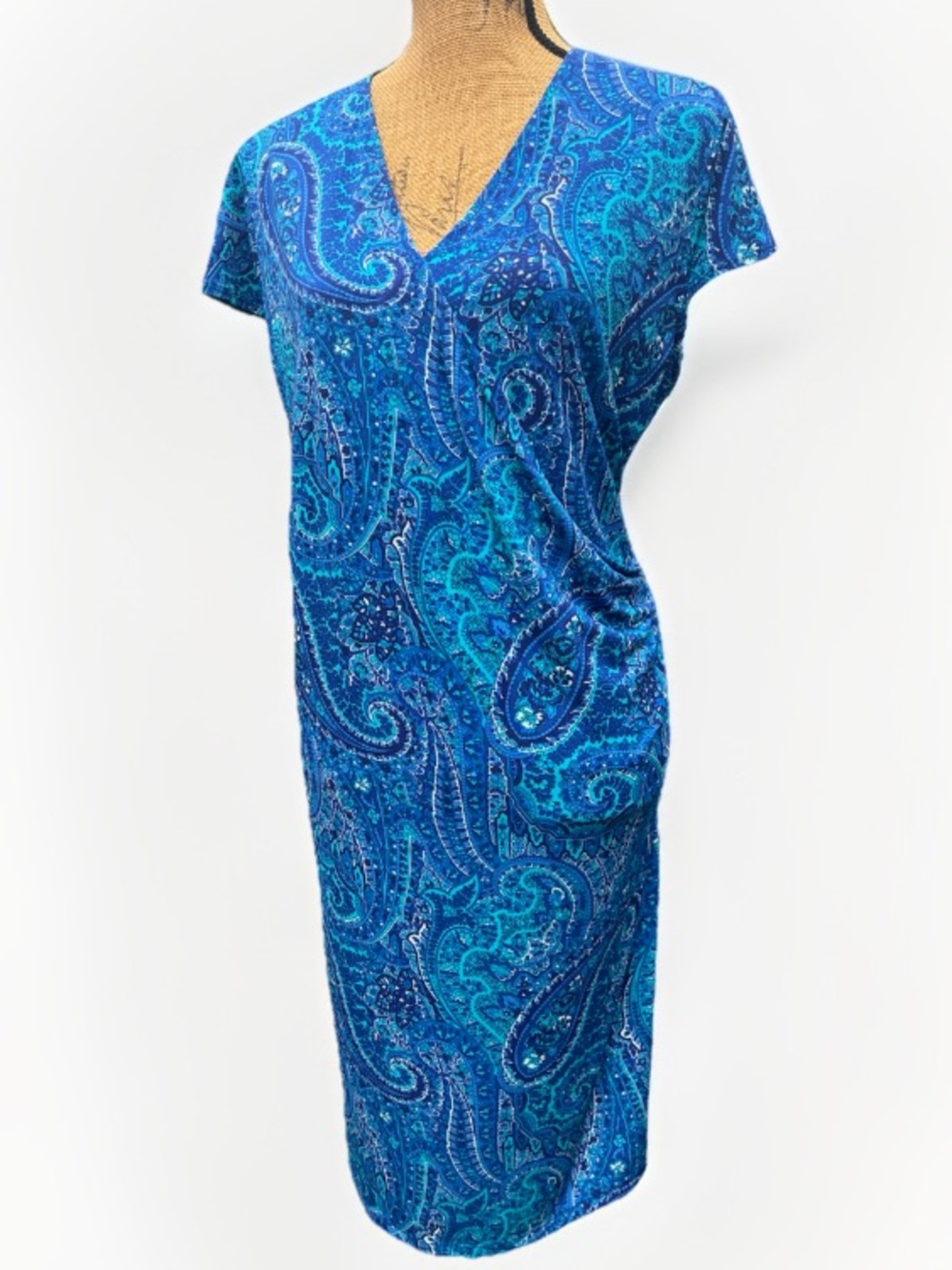 Jones New York Faux Wrap Print Midi Dress Paisley Blue White Size 1X